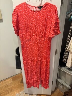 New Look Coral-Red Floral Midi Dress